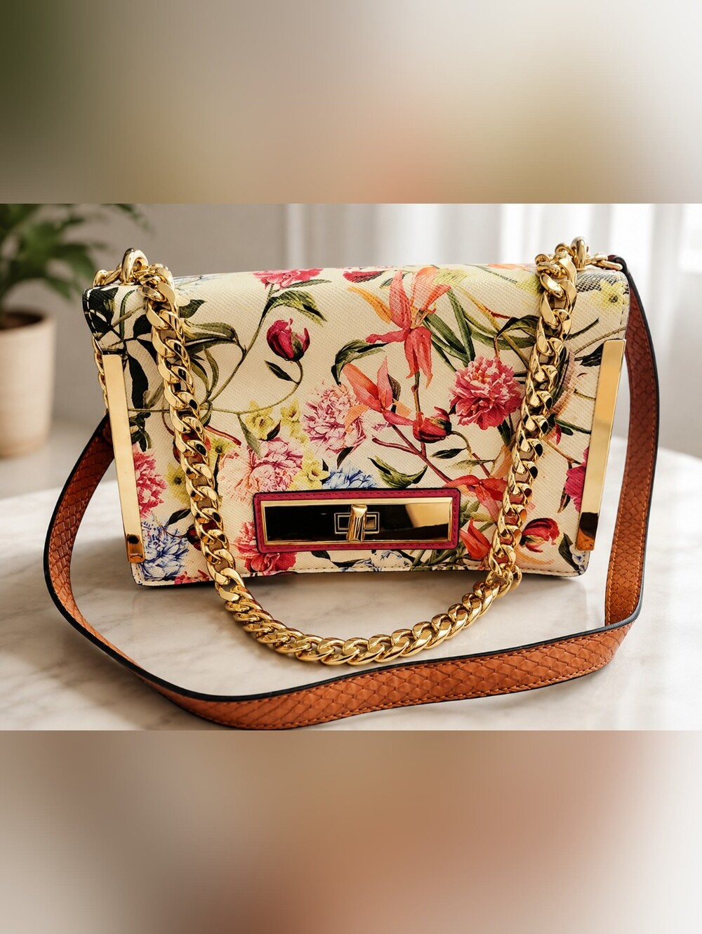 ALDO Floral Crossbody Bag Gold Chain Strap Spring Garden Print Purse